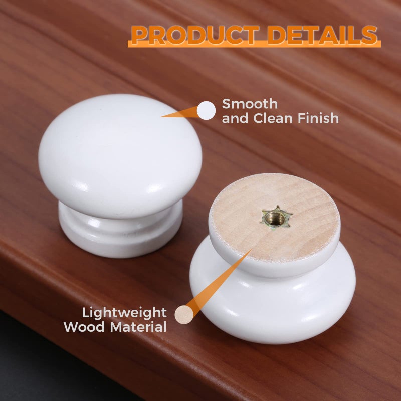 Mgoodoo 5PCS White Wood Knobs, 1.34'' Round Mushroom Wooden Knobs for Cabinet Drawer Dresser Closet Cupboard Pulls Kitchen Hardware - Image 3